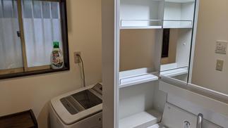 洗濯機との境には両側から洗剤ボトルを出し入れ出来る棚を採用して使い易く収納しています。底面には液ダレ予防のプレートがあります。