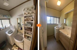 トールキャビネット付きで収納たっぷりの洗面化粧台へ交換