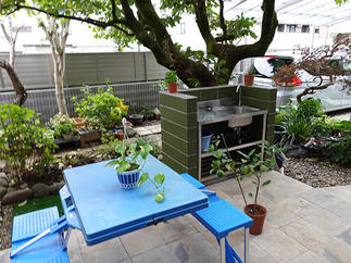 新設したテラスでは奥様が陶芸の仕事を行うため、流しを設置しました。