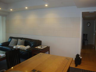 アクセント　ボーダー張りの　エコカラット（空気を美しく整えるインテリア壁材）　空間デザインUP！！！