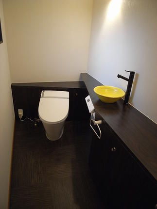 ポイントは斜めに配置した洋便器、そして斜めにカットした収納カウンター