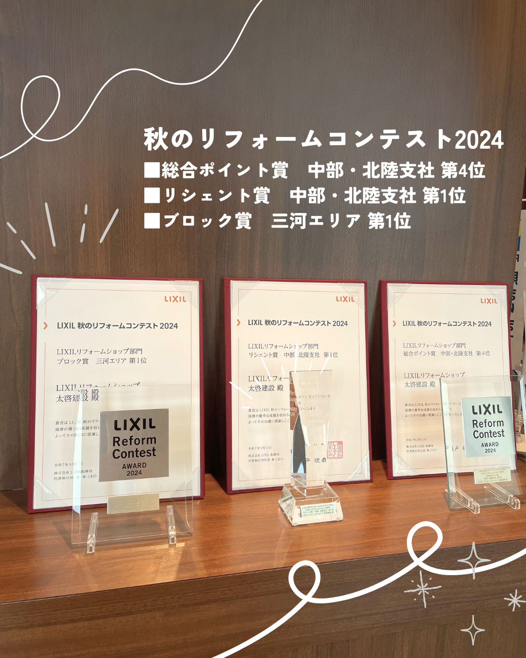 秋のリフォームコンテスト2024の表彰状とクリスタル楯
