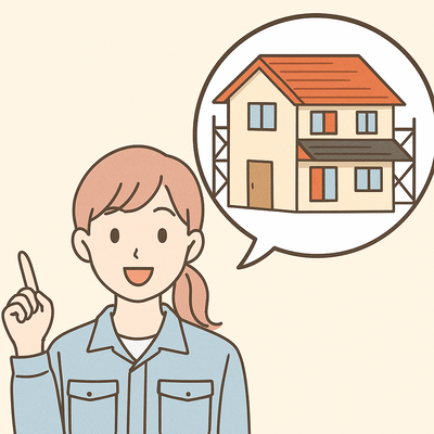 建設中の家と嬉しそうな女性.png