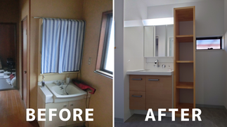 洗面台と作り付け収納棚を設置しました