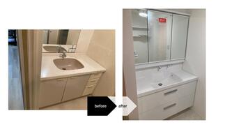 ３面鏡付きキャビネットで収納はたっぷり確保