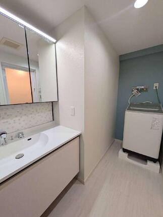 白を基調に、やわらかな清潔感が広がる洗面空間。