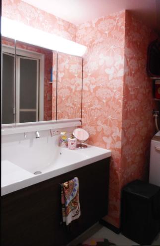 すっきりとした洗面台に鮮やかな壁