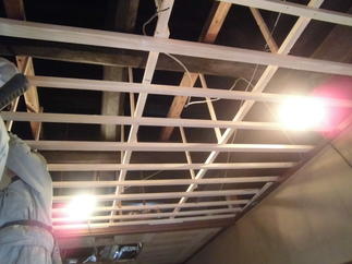 天井を解体し、野縁を組みます。立派な松の曲がり梁。