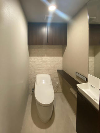 トイレはエコカラットの他、手洗い場に鏡も設置。