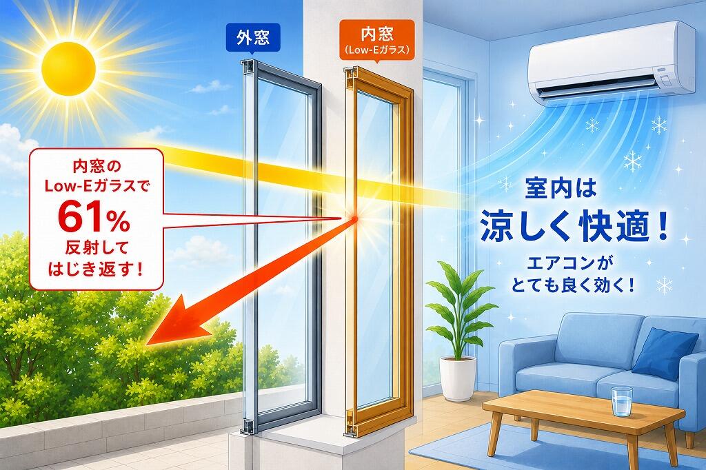 内窓のLowE硝子が日差しを反射する画像.jpg