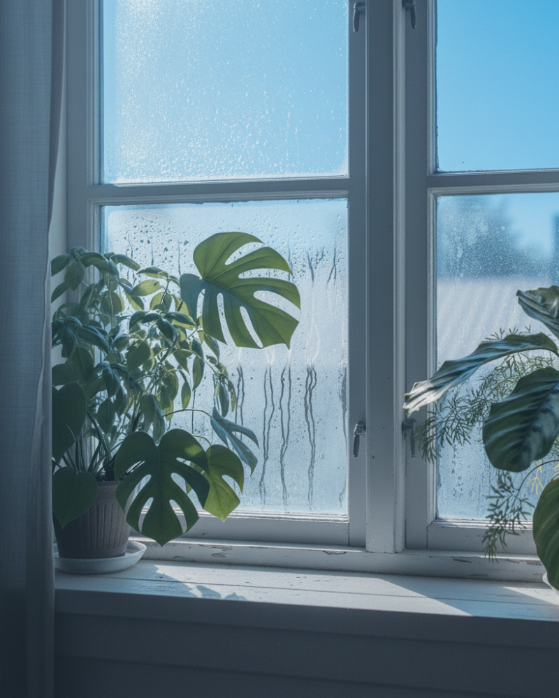 寒い冬の日の結露した窓際.png
