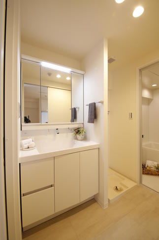 シンプルで清潔感のある洗面化粧台。コンパクトながら必要な機能が詰め込まれている。