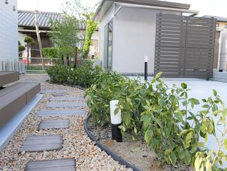 枕木の小路でお庭に出るのが楽しくなります。