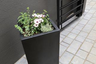 ポイントに置いたプランターには季節のお花を。